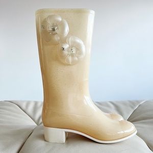 Chanel Camellia Interlocking CC Logo Glitter Jelly Rubber Rain Boots Cream 36
